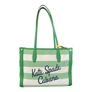 Kate Spade Cabana Bag - Green and White Tote with Branded Leather Bag Charm